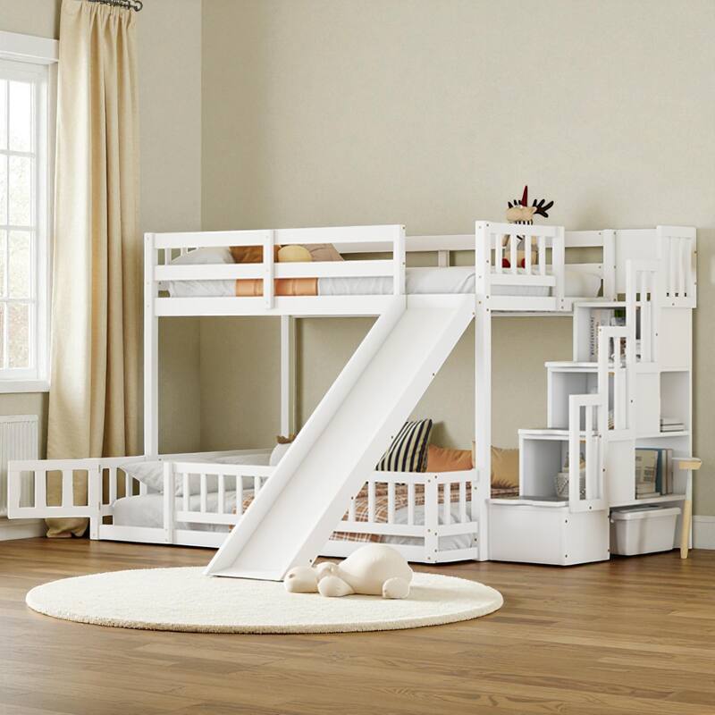 Twin Over Full Bunk Bed with Slide and Storage Staircase, Solid Pine Wood Frame with Guardrails and Drawers