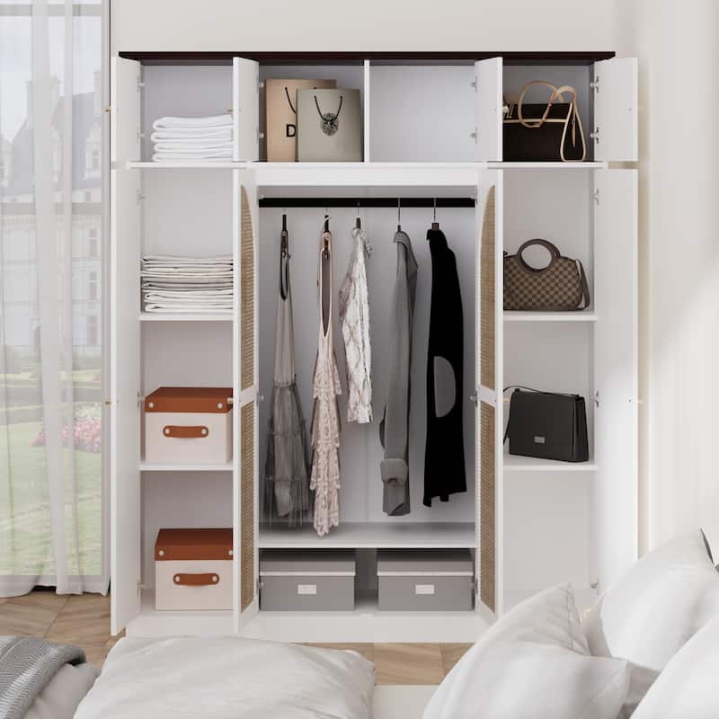 70.87" 8-Door Large Capacity Armoire Wardrobe Closet with Hanging Rod, Adjustable Shelves and Rattan Decorative Doors