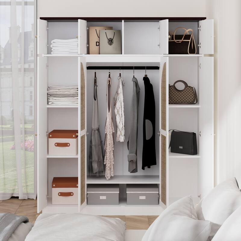 70.87" Large Armoire Wardrobe with 8 Rattan Doors - Adjustable Shelves & Hanging Rod for Bedroom, Walk-In Closet