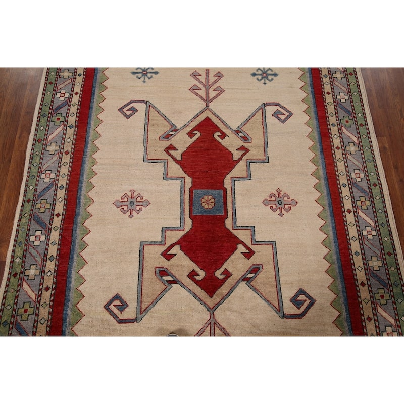 Geometric Beige Kazak Oriental Rug Hand-Knotted Bedroom Wool Carpet - 5'0" x 6'6"