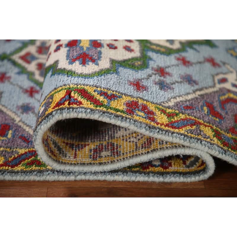 Blue Geometric Kazak Runner Rug Handmade Wool Carpet - 2'6"x 8'0"