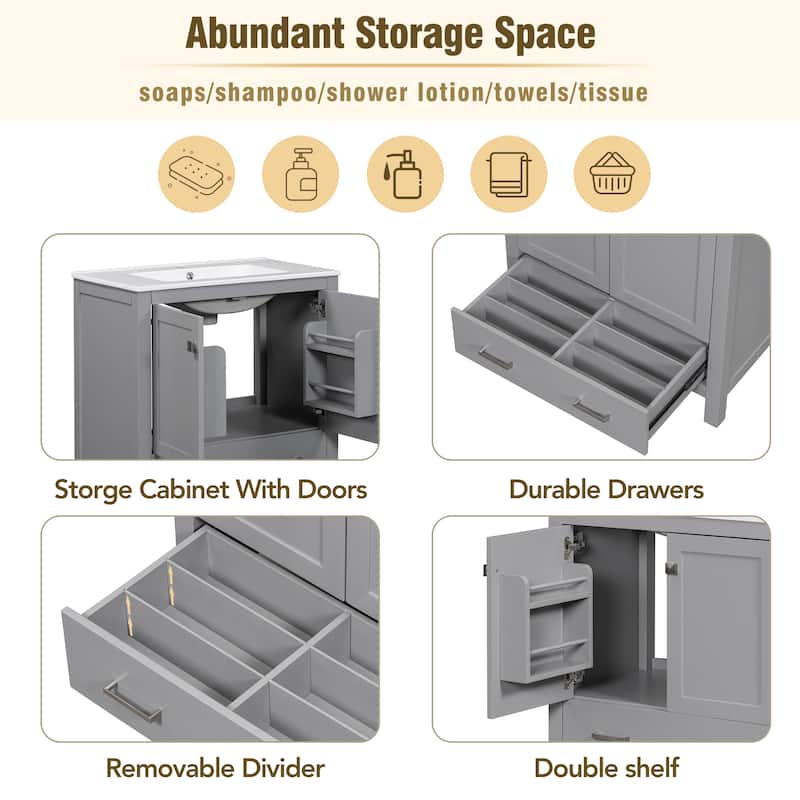 GDFStudio - Aurora Wood & Ceramic Bathroom Vanity Set with Sink and Divided Drawers