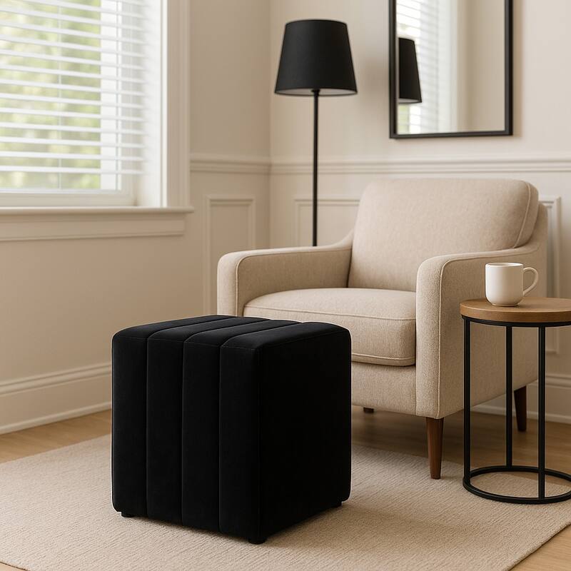 Square Upholstered Ottoman - Compact Pouf Footstool - 19", Black