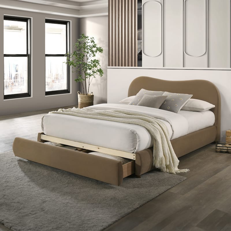 Furniture of America Niric Modern Fabric Upholstered Platform Bed with Storage Footboard - Mocha Brown Velvet - King
