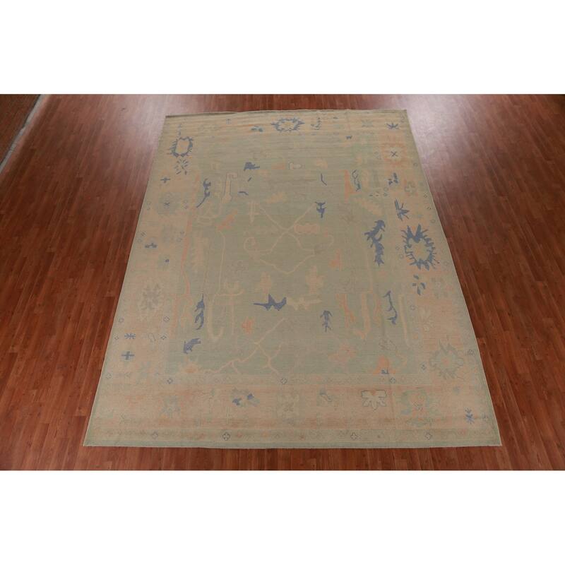 Hand Knotted Oriental 100% Wool Carpet Transitional All-Over Green Oushak Area Rug - 12' 4'' X 9' 3''