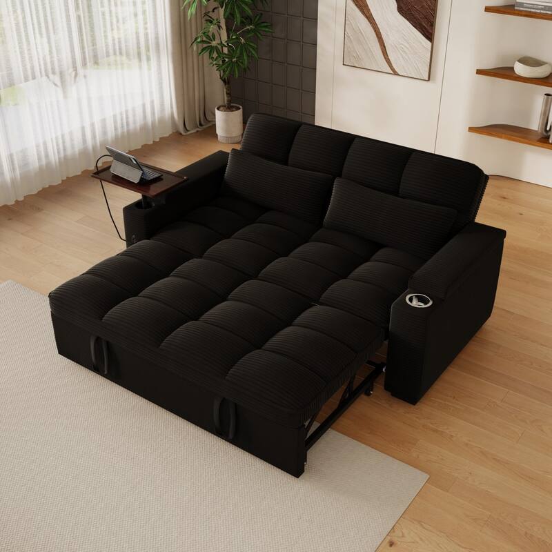 65'' Chenille 3-in-1 Folding Sectional Sofa with 360-Degree Swivel Side Table