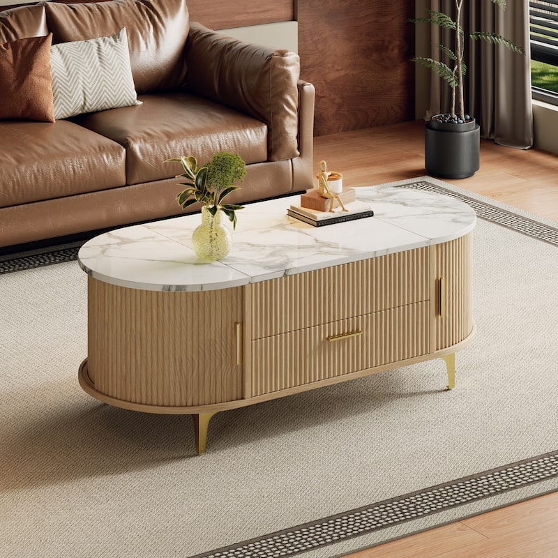 Scott Living - Nova Modern Lift-Top Coffee Table with Sliding Doors, Large Drawer, and Smart Storage Design - Natural +Gold + White