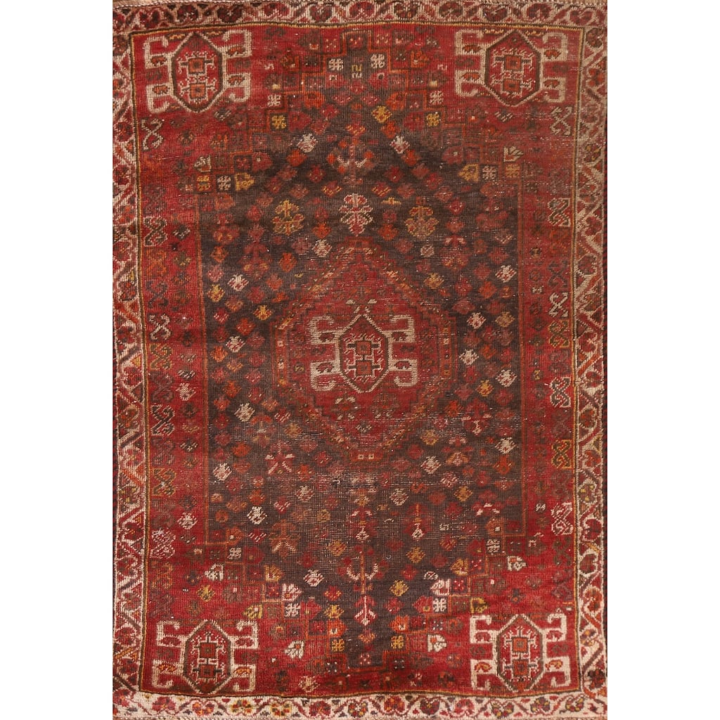 Vegetable Dye Red Shiraz Persian Antique Area Rug Handmade Wool Carpet - 3'3"x 4'11"