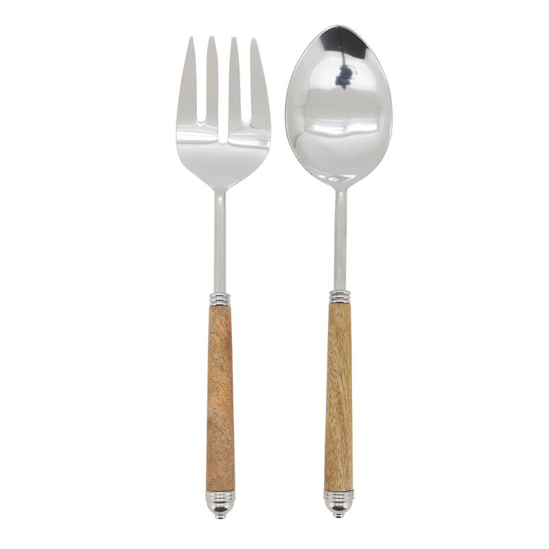 Mango Wood Handle Serving Set - Stainless Steel Fork & Spoon for Salads, Buffets & Entertaining - 2 Piece
