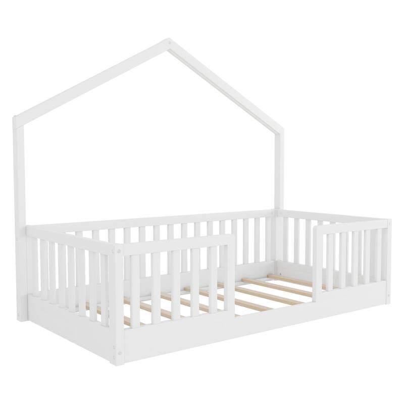 Twin Floor Bed with High Rails, Wooden Montessori Bed with Light for Kids, Boys and Girls, White