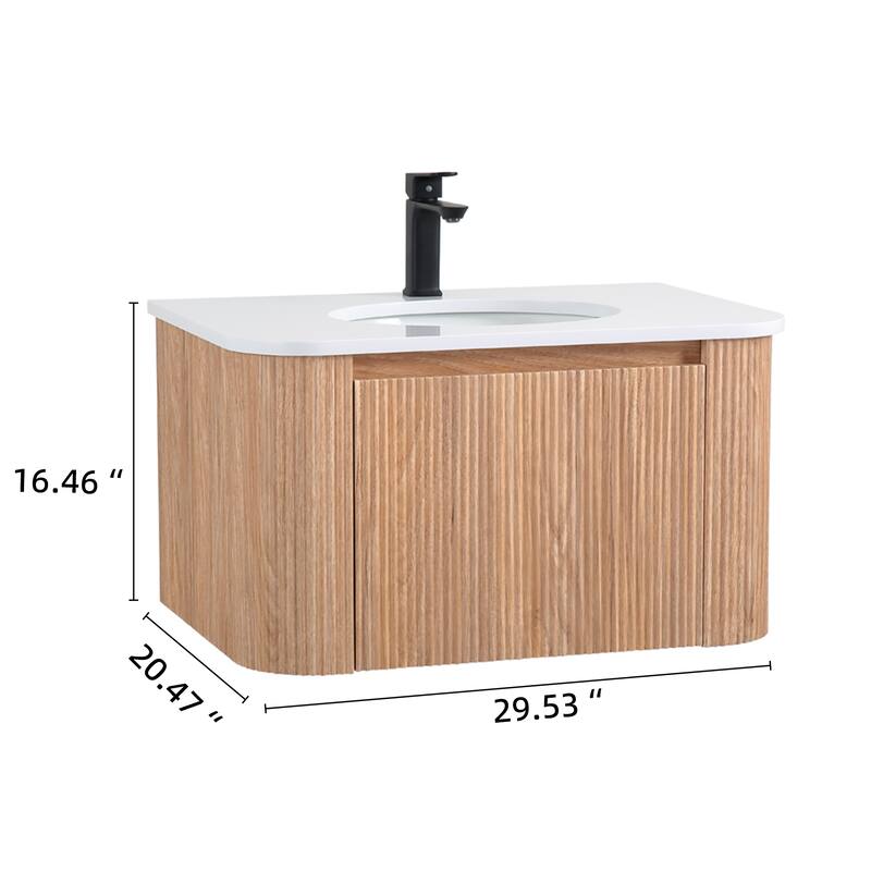 30 Inch Wall Mounted Bathroom Vanity with Sink Curved Design, Modern Floating Vanity Cabinet with Soft Close Drawer