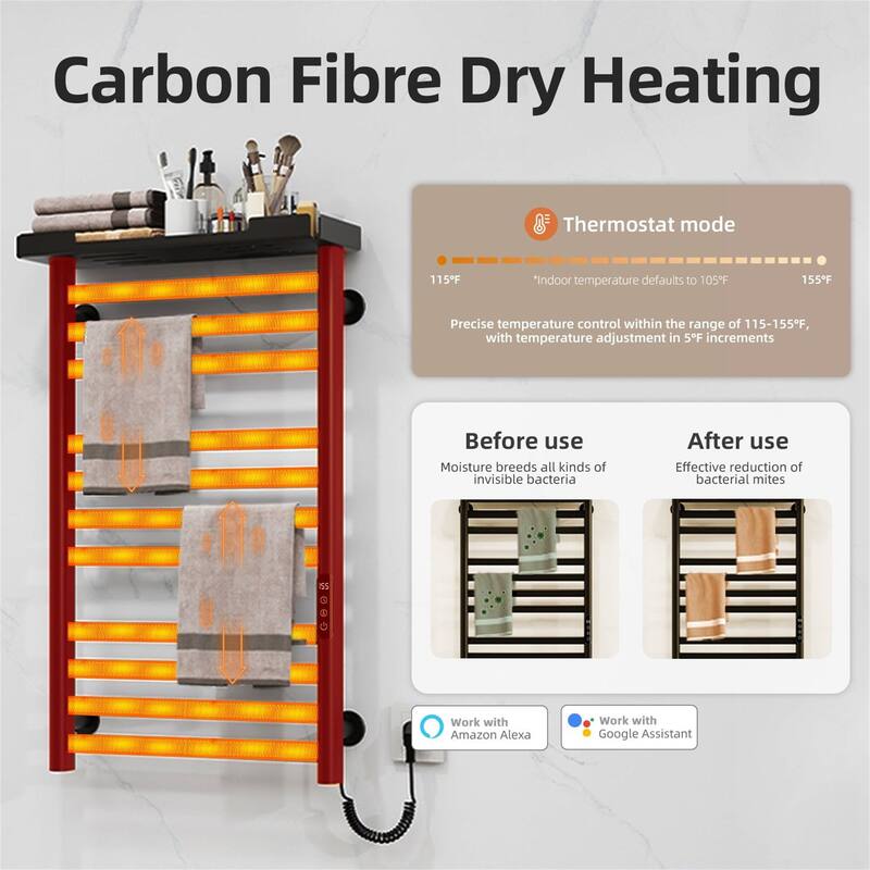 Heated Towel Rack with Shelf and Wi-Fi App Control
