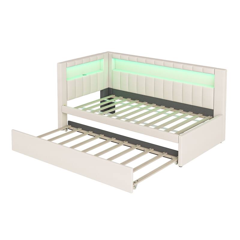 Upholstered Twin Size Platform Bed with USB Ports and LED Belt, With Trundle
