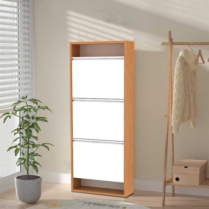 Modern Farmhouse Style Freestanding Shoe Storage Cabinet - White+Walnut