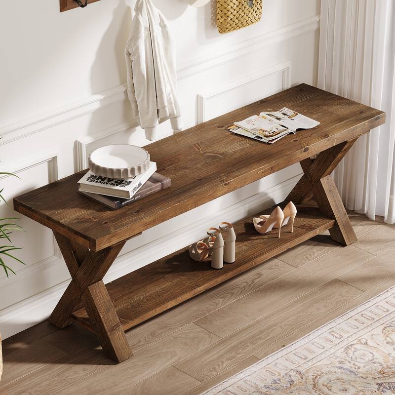 43.3 Inch Farmhouse Solid Wood Entryway Shoe Bench