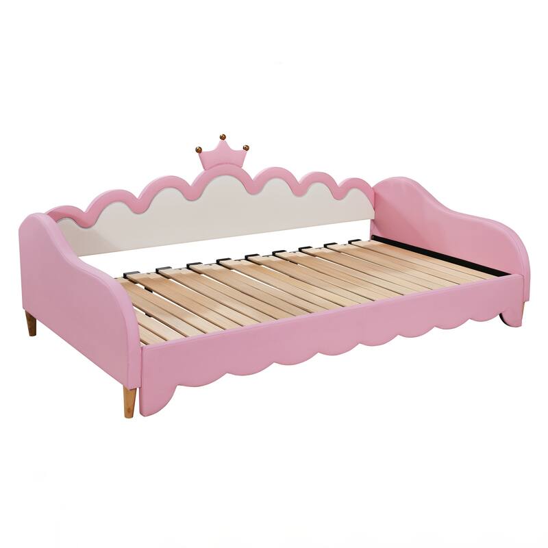 Twin Extending Daybed with LED Lights, Modern Upholstered Princess Daybed With Crown Headboard