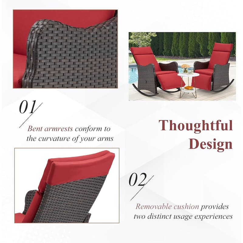 Outdoor Recliner Rocking Chairs with Soft Removable Cushions and Footrests