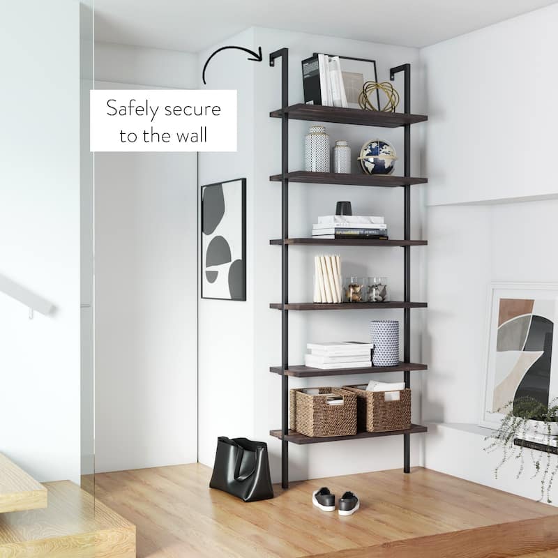 Nathan James Theo 6-Shelf Tall Bookcase, Wall Mount Bookshelf Wood with Metal Frame