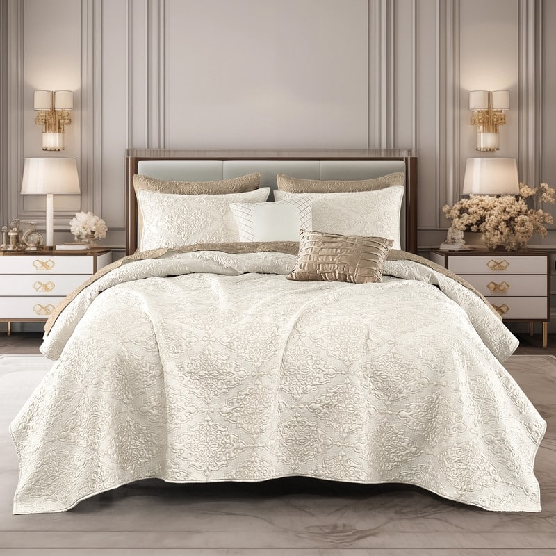 Wonderful Satin Quilt Set Cooling 5-Piece Bedding Set for Summer - Cream - Queen