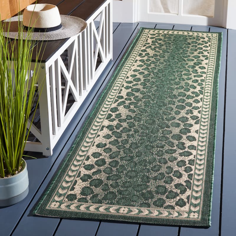 SAFAVIEH Courtyard Sanyi Indoor/ Outdoor Waterproof Patio Backyard Rug - 2'3" x 8' Runner - Dark Green/Ivory