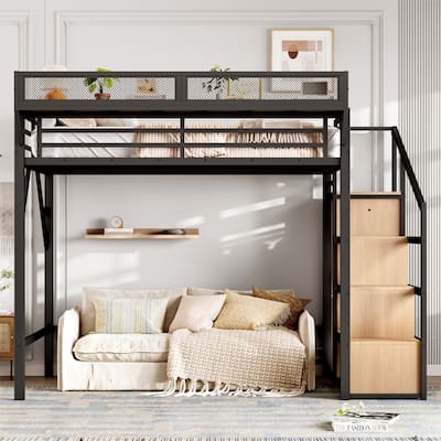 LED High Loft Bed with Charging Station, Heavy Duty Metal Loftbed Frame with Stairs, Shelves and Wardrobe