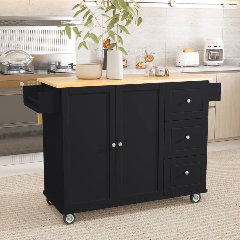 Solid Wood Drop Leaf Top Rolling Kitchen Island with Drawers Bed Bath