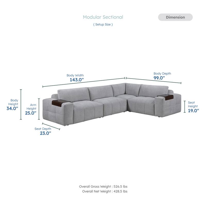 Mackay 143" Textured 4-Piece Modular Sectional Sofa with Armrest Tray