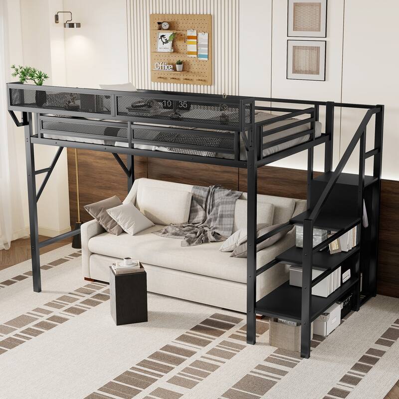 Twin XL Size Loft Bed with Stairs, Metal Full Loft Bed with Storage Shelves, High Loft Bed with Wardrobe for Kids Teens