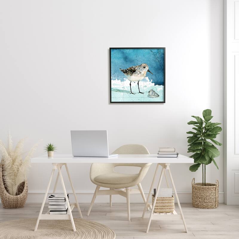 Stupell Sandpiper Bird and Shell Nautical Ocean Map Framed Wall Art - Blue