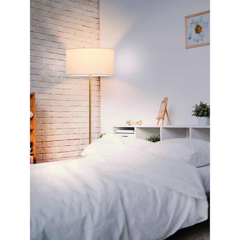 Brightech Quinn 60 in. Antique Brass Mid-Century Modern LED Super Bright Floor Lamp with White Fabric Drum Shade