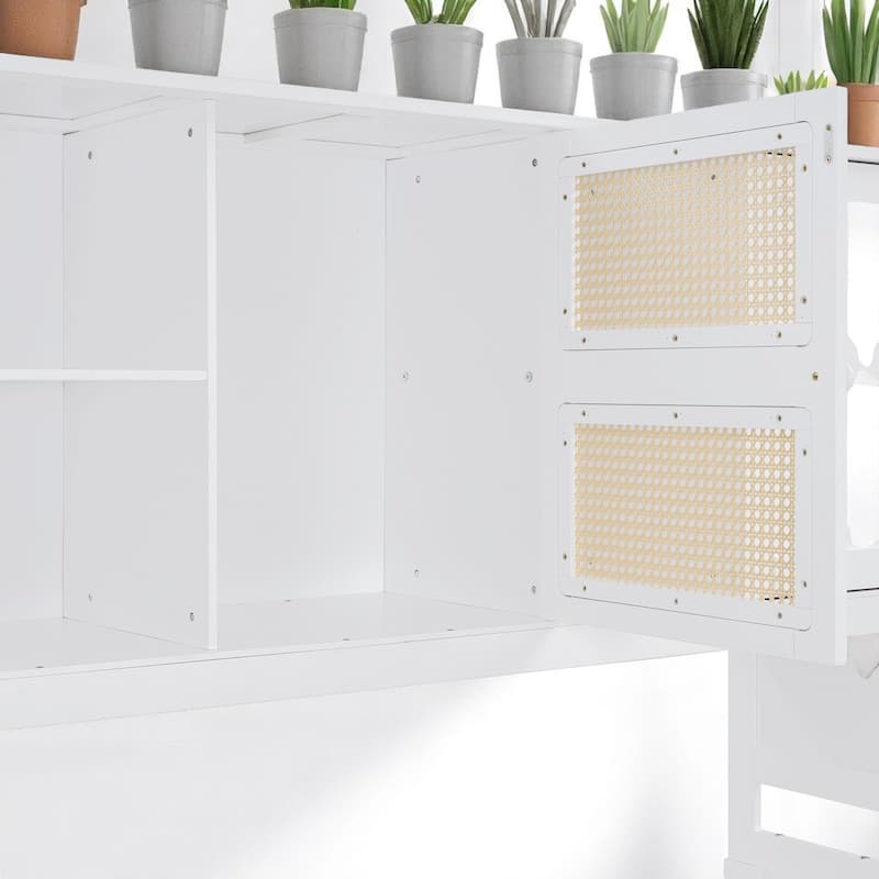 Wooden Twin/Full Daybed with Trundle Bed, Storage Shelves and Cabinet, No Box Spring Required, Rattan Design