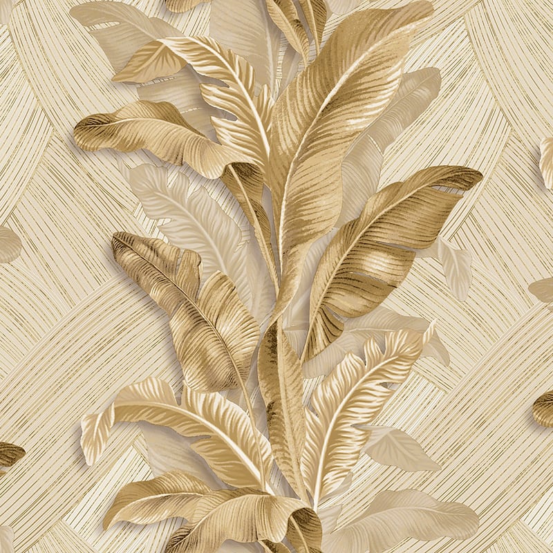 Galerie Wallcoverings Stratum Collection Palma Leaf Vinyl on Non-woven Metallic Wallpaper Roll Double Width - 33-feet long x 42-inches wide - Gold/Beige