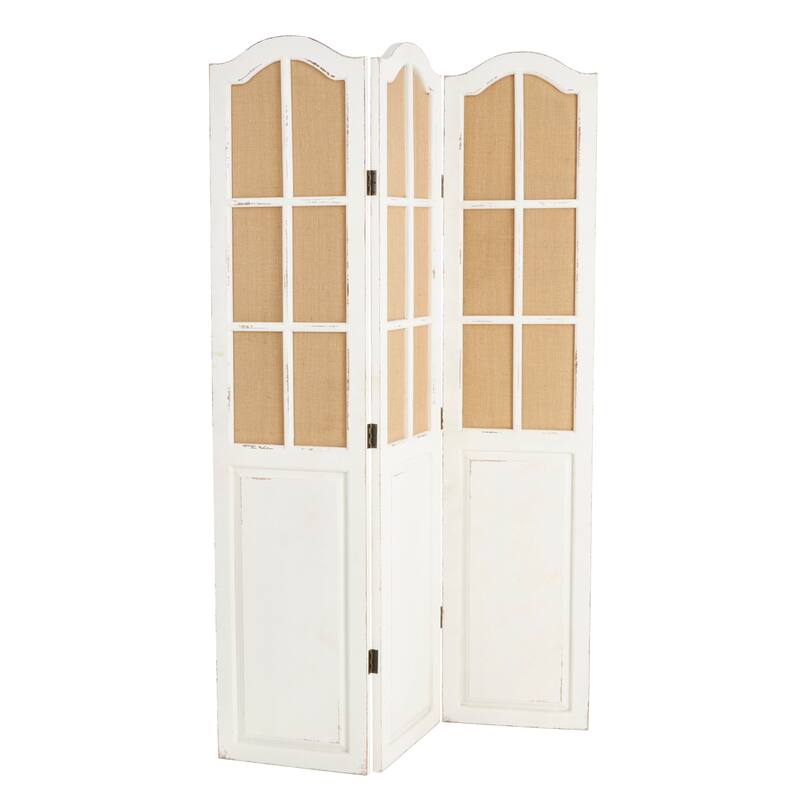 Wood Hinged Foldable Partition 3 Panel Room Divider Screen with Burlap Window Pane Design - Beige - Roche River Decor