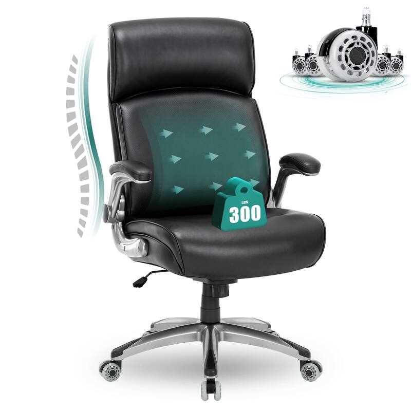 Big & Tall Office Chair 300lbs - Ergonomic High Back with Lumbar Support, Flip-Up Arms & Leather Cushion