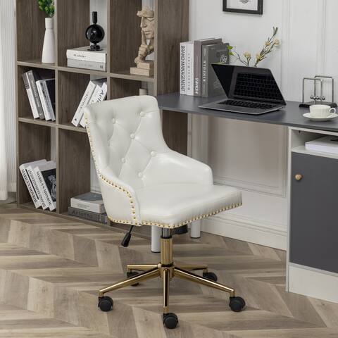 Decorative Swivel Fancy Velvet Upholstered White PU Adjustable Tufted Office Chair, Bronze Chrome Base, Bronze Nailhead Trim