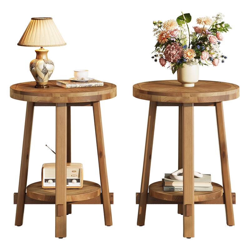 Solid Wood Side Table, Round End Tables with 2-tier Storage - 19.69" D x 19.69" W x 25.98" H