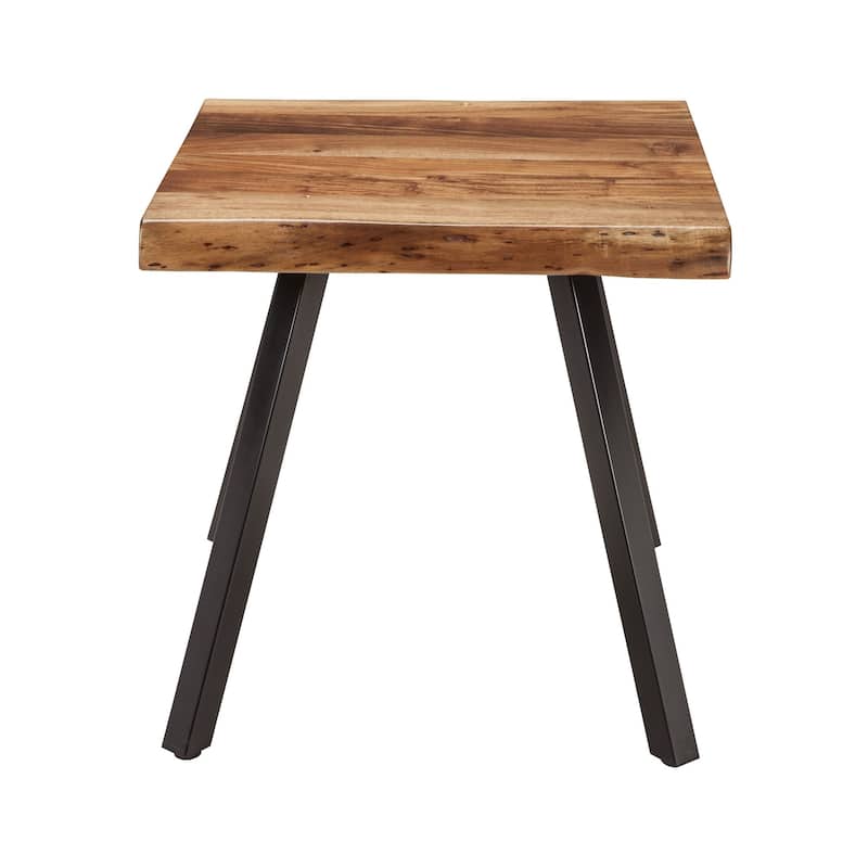 24 Inch Brown Acacia Wood End Table, Live Edges, Angular Black Metal Legs