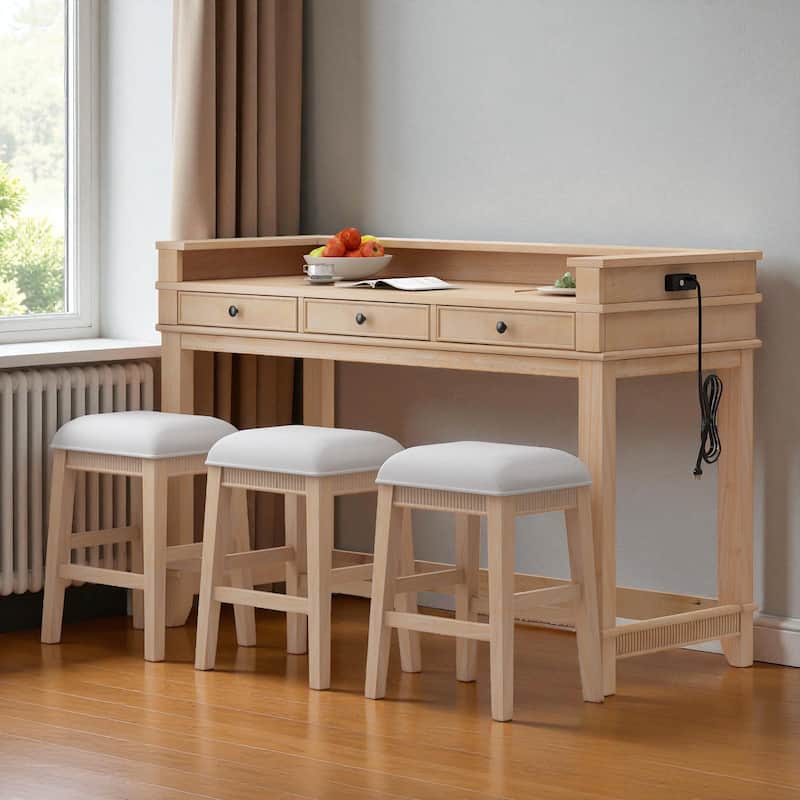 4-Piece Bar Table Dining Set for 3, 53" High Table with 3 Storage Drawers, USB Ports & 3 Upholstered Stools