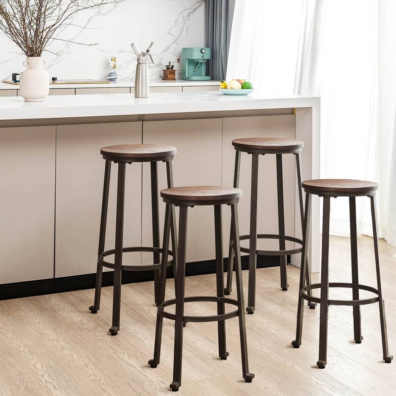 Glitzhome Industrial Rustic High Bar Stools with Wood Seat - Set of 4 - Brown