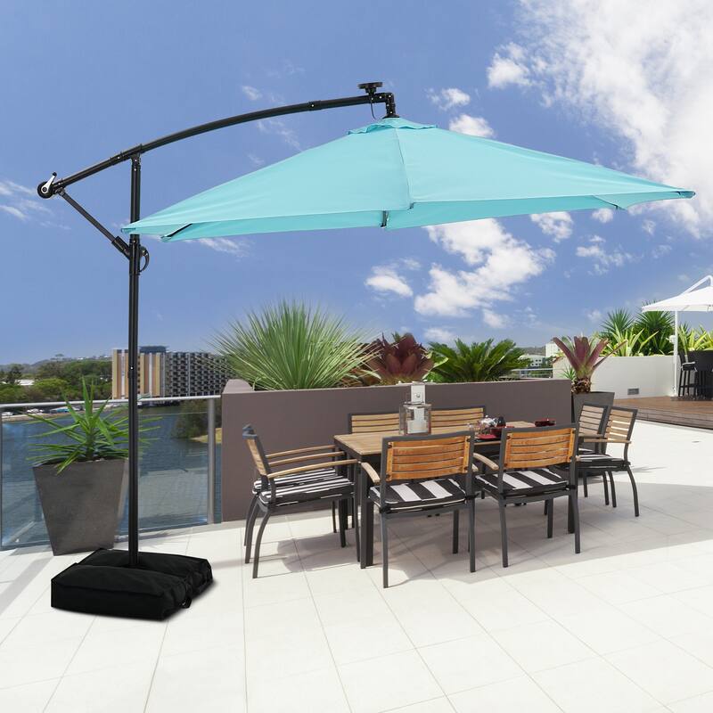 Autlaycil 10ft Offset Hanging Market Patio Umbrella With Base&Solar Lights