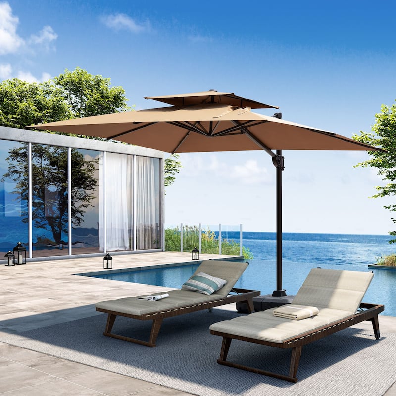 Outdoor 9x11FT Patio Umbrella Cantilever Offset with Dual Top - Tan-NoBase