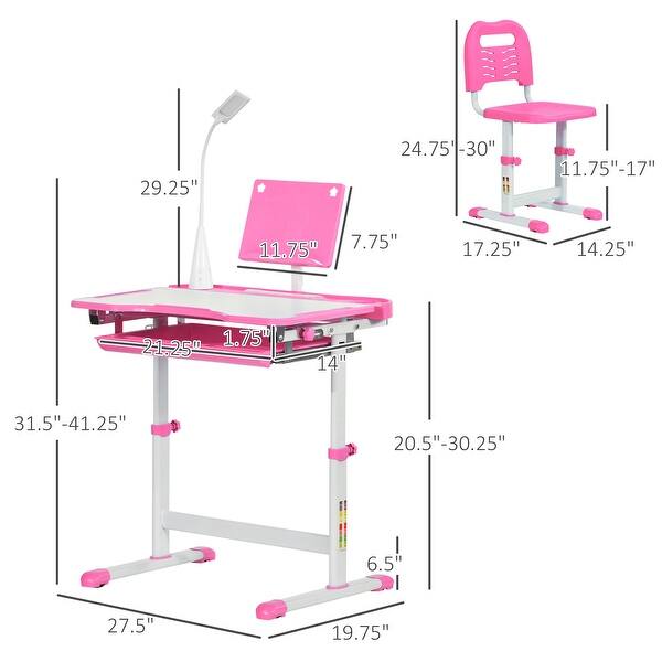 dimension image slide 1 of 2, Kids Activity Desk and Chair Set with USB Light, Tilt Desktop, Storage Drawer for Study and Arts, Ages 6-12
