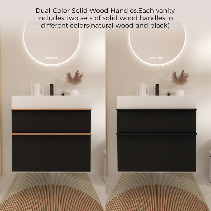24 Inch Black Wall Mounted Bathroom Vanity With Integrated Acrylic Sink, 2 Soft-Close Drawers, Pre-Assembled