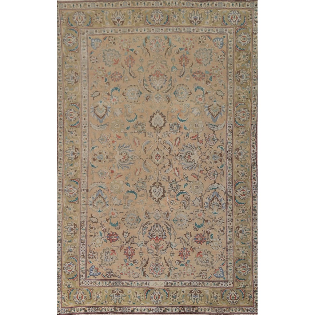 Floral Signed Tabriz Persian Vintage Area Rug Handmade Wool Carpet - 6'3"x 9'5"