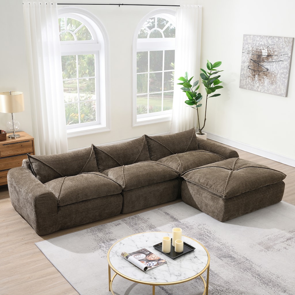 116" Fully Compressed Brown Chenille Sofa with High Density Foam, No Assembly, Legless Design