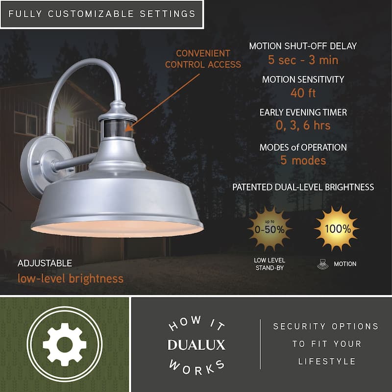 Dorado Silver Motion Sensor Dusk to Dawn Farmhouse Barn Dark Sky Outdoor Wall Light - 12-in W x 12.25-in H x 13.5-in D
