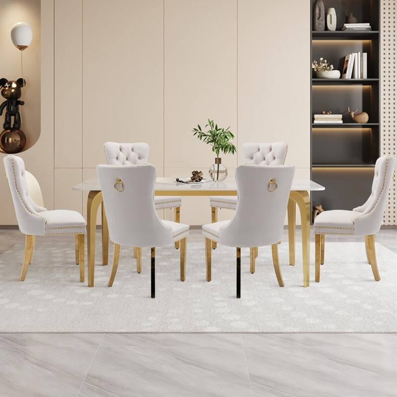 Tufted Naliheads Solid Wood Upholstered Dining Chairs Set of 6 - Beige GoldLegs