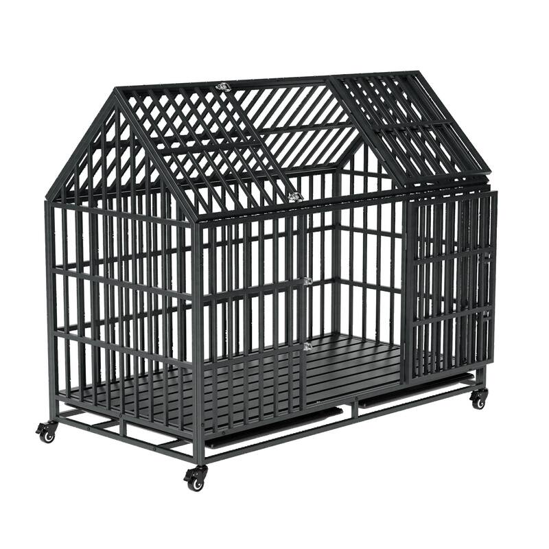 52'' Heavy Duty Dog Crate with Roof Top and Wheels Indestructible Escape-Proof Dog Kennel