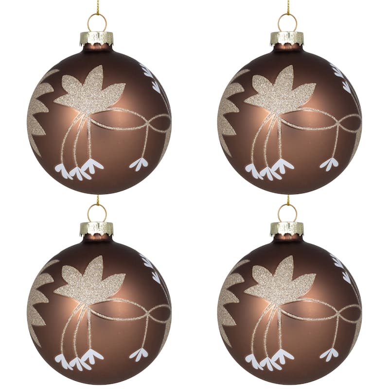 4ct Brown Gold 2-Finish Floral Glass Christmas Ball Ornaments 3.25"