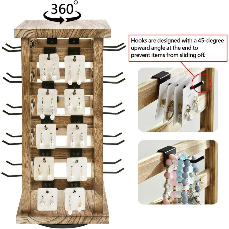 Wood Rotating Jewelry Display Tower with 42 Removable Hooks - S